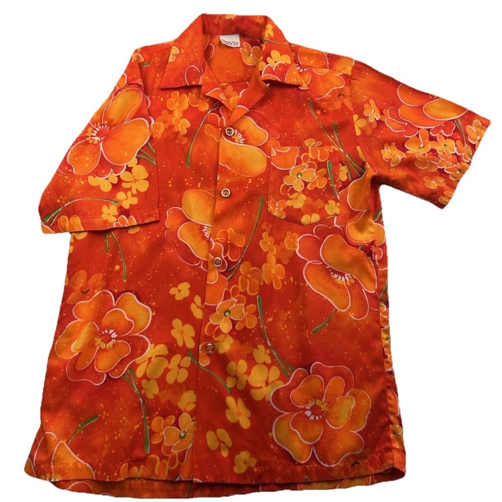 Vintage Ti'a Hawaiian Camp Shirt‎ Orange Floral Disco Button Up Short Sleeve